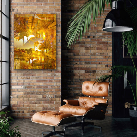“Pyramids of the Historical Golden New” - layered photographic artwork by Durham J White, featuring a layered photographic artwork of historic Piper Street Kyneton in washed copper and golden tones. Brown leather chair and ottoman against a brick wall.