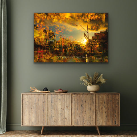 Atmospheric Australian street scene wall art featuring golden sunset light, layered textures, and architectural detail in warm amber and orange tones by Durham J White