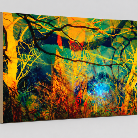 “A Sea Beyond” archival canvas print by Durham J White, featuring a layered photographic artwork of the Macedon Ranges in lush forest greens, radiant sunset golds, warm orange-yellows, and subtle atmospheric blues.