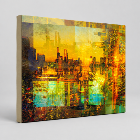 Melbourne Golden Skyline – archival canvas print urban landscape by Durham J White. Melbourne's skyline at golden hour in amber, burnt orange and gold tones with teal and aqua accents — a layered photographic composition capturing the city from the west.