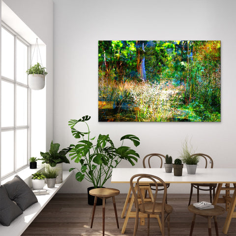 the fairytale garden — lush greens and moonlit blues in a magical Australian landscape by Durham J White, layered photographic canvas artwork in a cosy natural living space