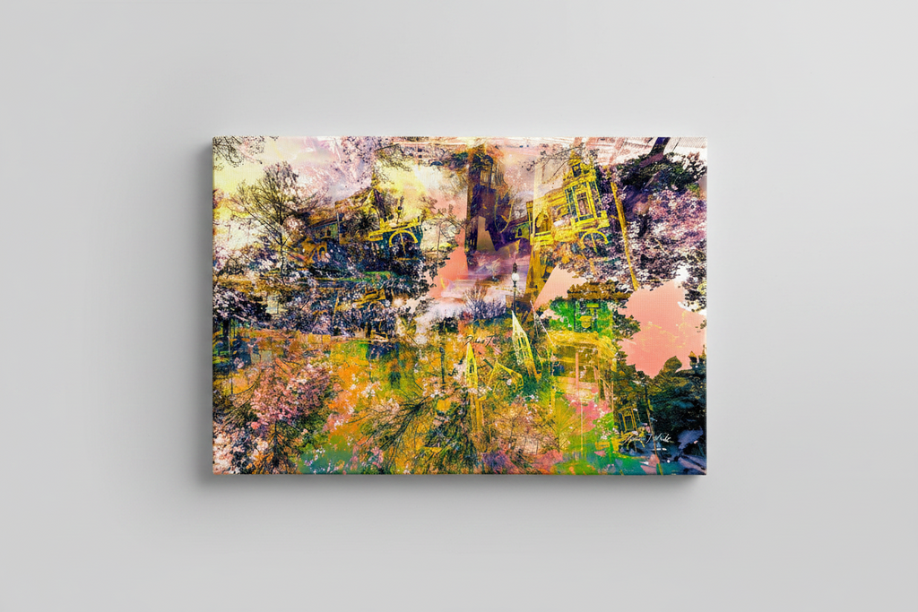 A semi abstract artwork featuring soft pastel tones and the geometrical shapes of iconic Bendigo landmarks and nature.