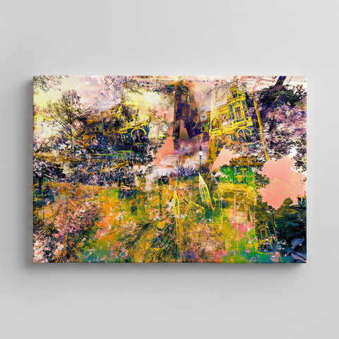 A semi abstract artwork featuring soft pastel tones and the geometrical shapes of iconic Bendigo landmarks and nature.