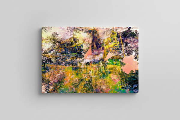 A semi abstract artwork featuring soft pastel tones and the geometrical shapes of iconic Bendigo landmarks and nature.