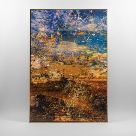 A beautiful transition
Contemporary coastal landscape artwork exploring the transition between land, sea and sky through layered textures and warm natural tones by Durham J White presented in a beautifully box framed canvas.