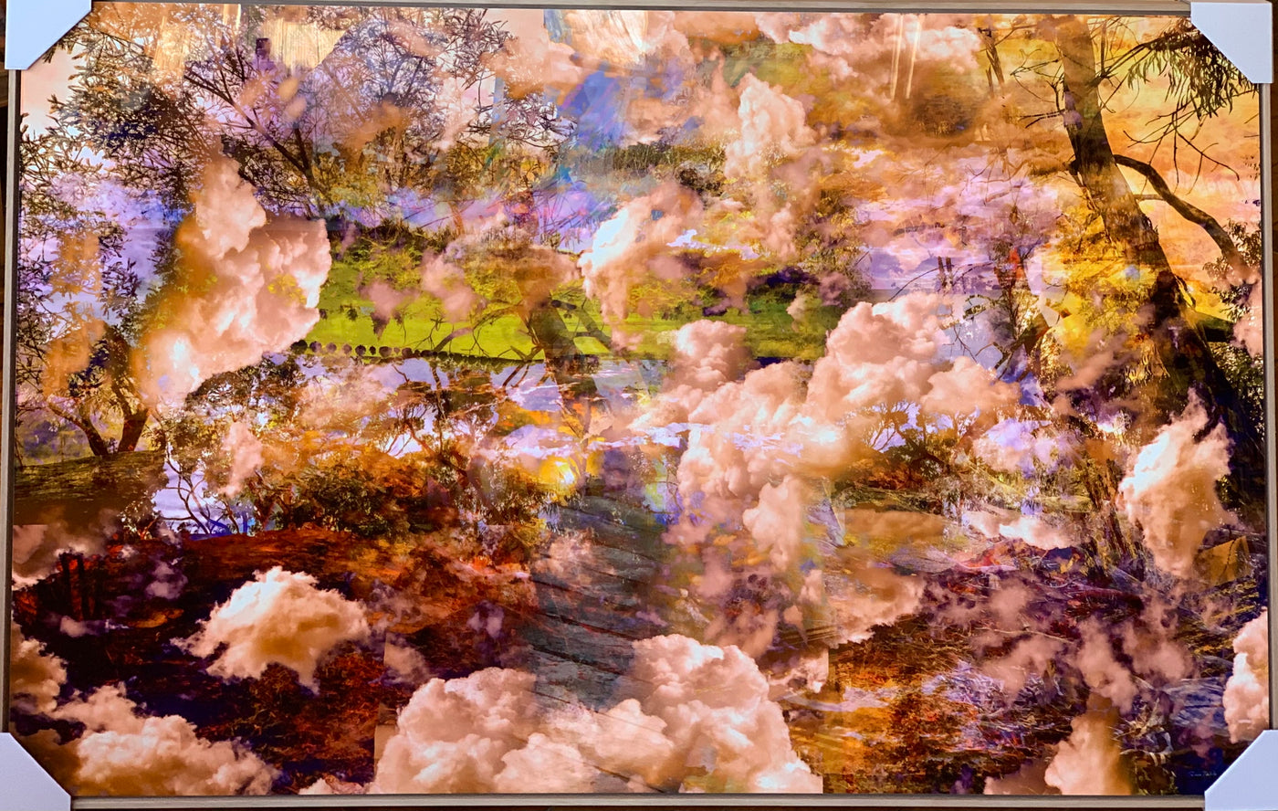 A Place to Dream contemporary landscape wall art framed metal print with soft lilac tones, layered clouds and dreamlike Australian scenery