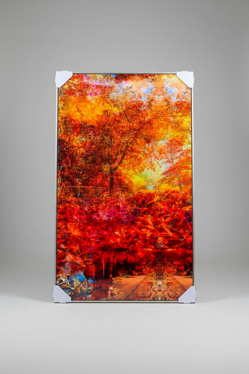 Autumn's Fall – Contemporary landscape by Durham J White. Rich reds, burnt orange and golden tones inspired by Honour Avenue Macedon at peak autumn in a tall layered photographic composition.