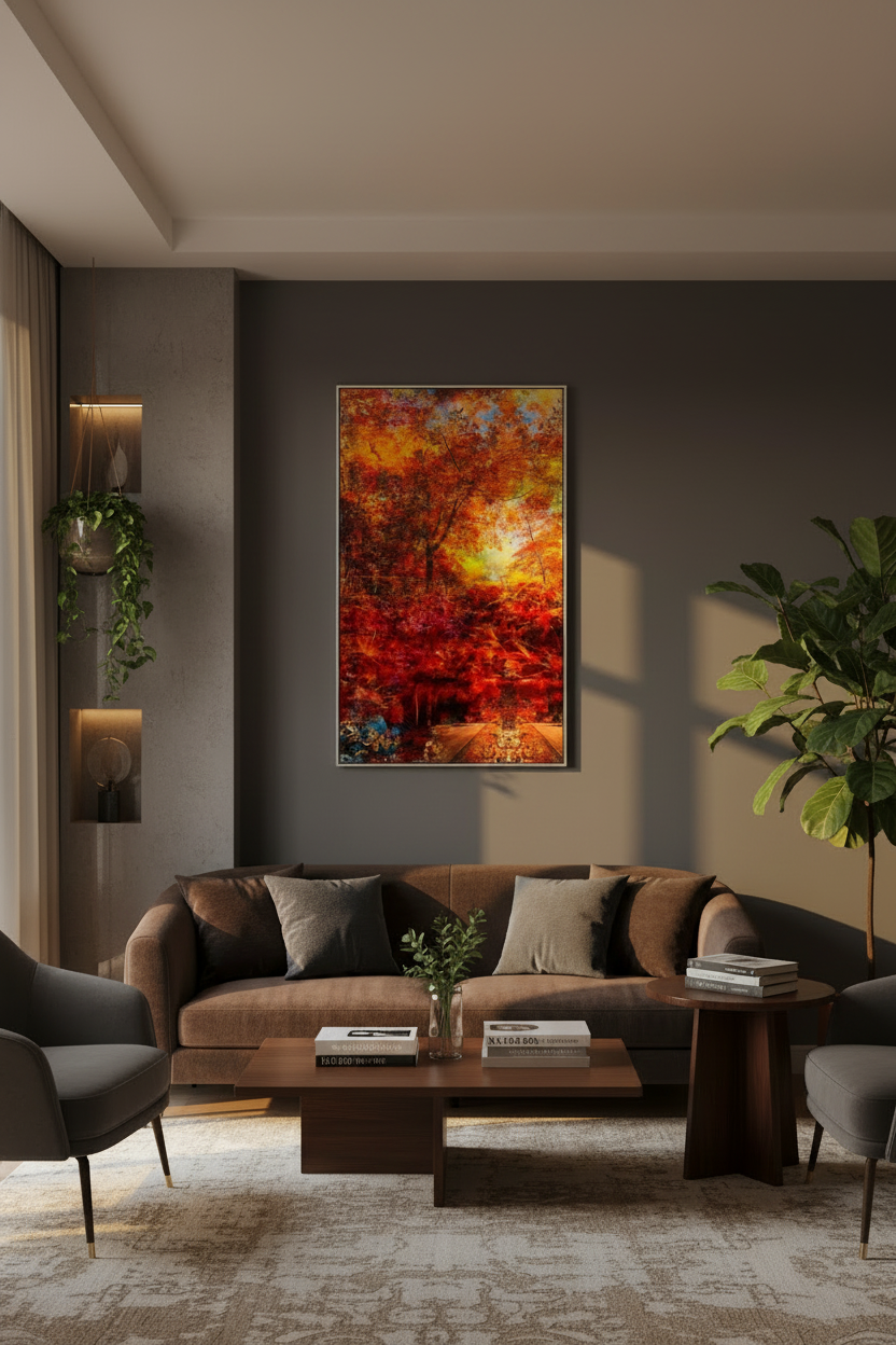 Autumn's Fall – Contemporary landscape by Durham J White. Rich reds, burnt orange and golden tones inspired by Honour Avenue Macedon at peak autumn in a tall layered photographic composition.