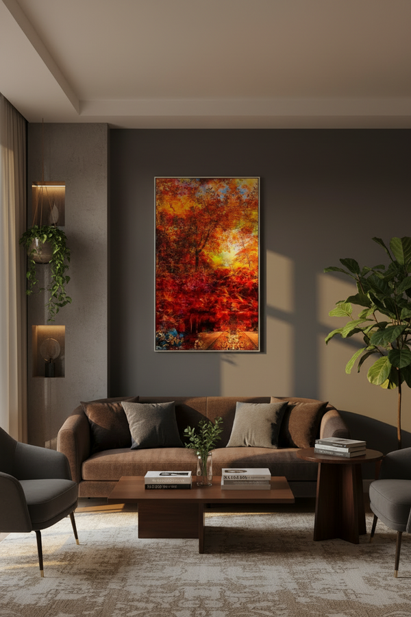 Autumn's Fall – Contemporary landscape by Durham J White. Rich reds, burnt orange and golden tones inspired by Honour Avenue Macedon at peak autumn in a tall layered photographic composition.