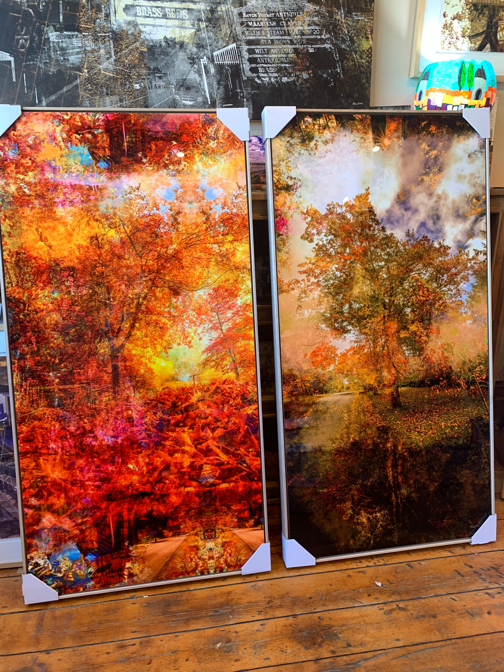 Autumn's Fall – Contemporary landscape by Durham J White. Rich reds, burnt orange and golden tones inspired by Honour Avenue Macedon at peak autumn in a tall layered photographic composition.  Featured on framed Chromaluxe metal alongside Grounded