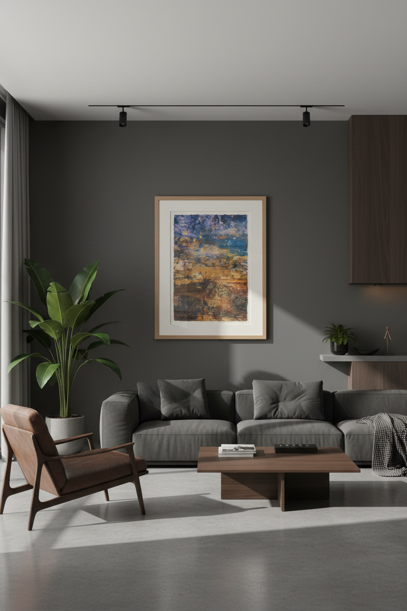 “A Beautiful Transition” glass ash framed fine art print by Durham J White, featuring a layered photographic artwork of coastal land and sea formations in warm ochres, sandy hues, and rich coastal blues styled in a modern dark grey chocolate toned interior.