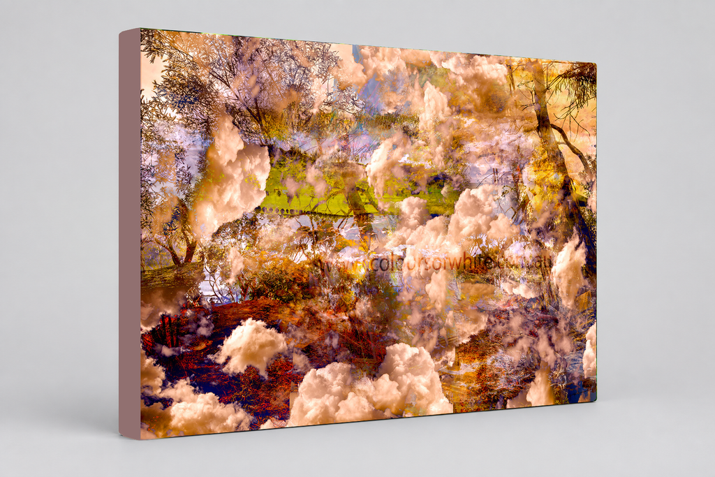 "A Place to Dream" contemporary landscape archival canvas print in delicate lilacs, gentle mauves, and misty neutral tones, layered clouds and dreamlike Australian scenery.