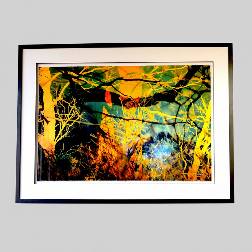 “A Sea Beyond” glass framed fine art print by Durham J White, featuring a layered photographic artwork of the Macedon Ranges in lush forest greens, radiant sunset golds, warm orange-yellows, and subtle atmospheric blues in a studio setting.