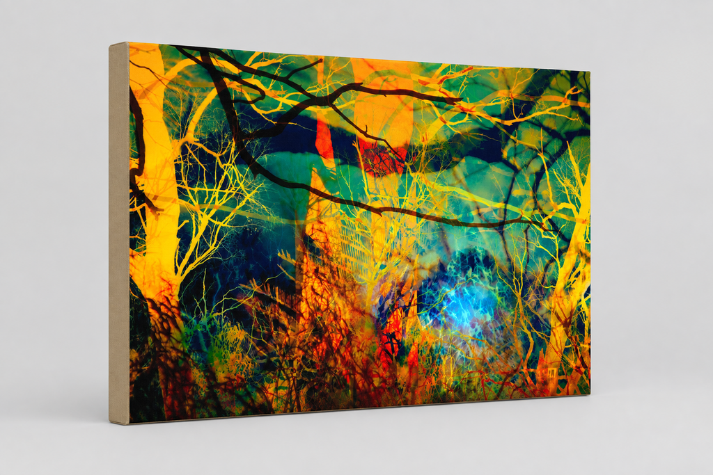 “A Sea Beyond” archival canvas print by Durham J White, featuring a layered photographic artwork of the Macedon Ranges in lush forest greens, radiant sunset golds, warm orange-yellows, and subtle atmospheric blues.