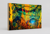 “A Sea Beyond” archival canvas print by Durham J White, featuring a layered photographic artwork of the Macedon Ranges in lush forest greens, radiant sunset golds, warm orange-yellows, and subtle atmospheric blues.