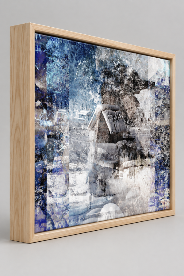 "A Snow Scene" ash box framed archival canvas print by Durham J White, featuring a Japanese winter layered photographic artwork with snow-capped thatched huts, geometric panelling, sepia tones, luminous whites, and deep midnight blues.