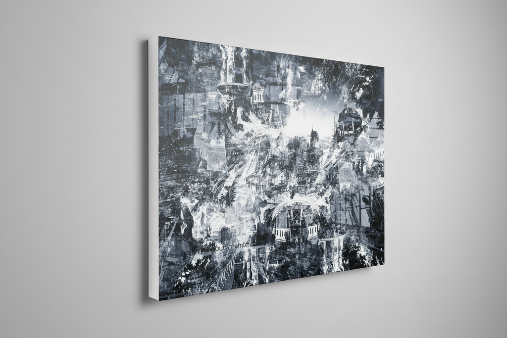 “A World Lost Within” archival canvas print by Durham J White, featuring a layered photographic artwork of Bendigo's View Street and Pall Mall in black and white with sharp geometric forms and atmospheric monochrome passages.