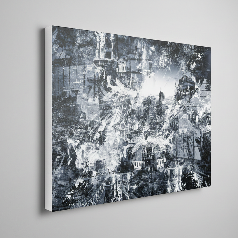 “A World Lost Within” archival canvas print by Durham J White, featuring a layered photographic artwork of Bendigo's View Street and Pall Mall in black and white with sharp geometric forms and atmospheric monochrome passages.
