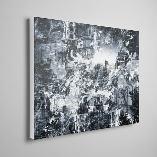 “A World Lost Within” archival canvas print by Durham J White, featuring a layered photographic artwork of Bendigo's View Street and Pall Mall in black and white with sharp geometric forms and atmospheric monochrome passages.