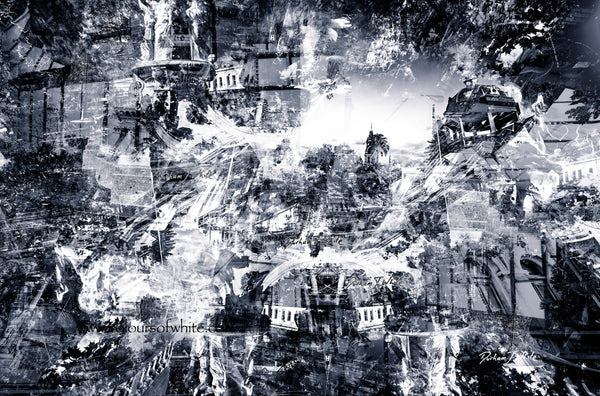 “A World Lost Within” archival canvas print by Durham J White, featuring a layered photographic artwork of Bendigo's View Street and Pall Mall in black and white with sharp geometric forms and atmospheric monochrome passages.