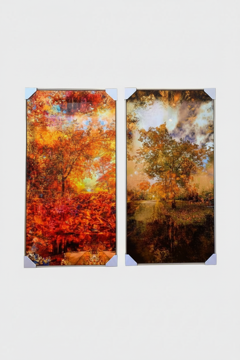 “Autumnal Fall” and "Grounded" ChromaLuxe metal prints by Durham J White, featuring a layered photographic artwork of Honour Avenue in Macedon in deep autumnal reds, blazing burnt oranges, and intense golden tones.