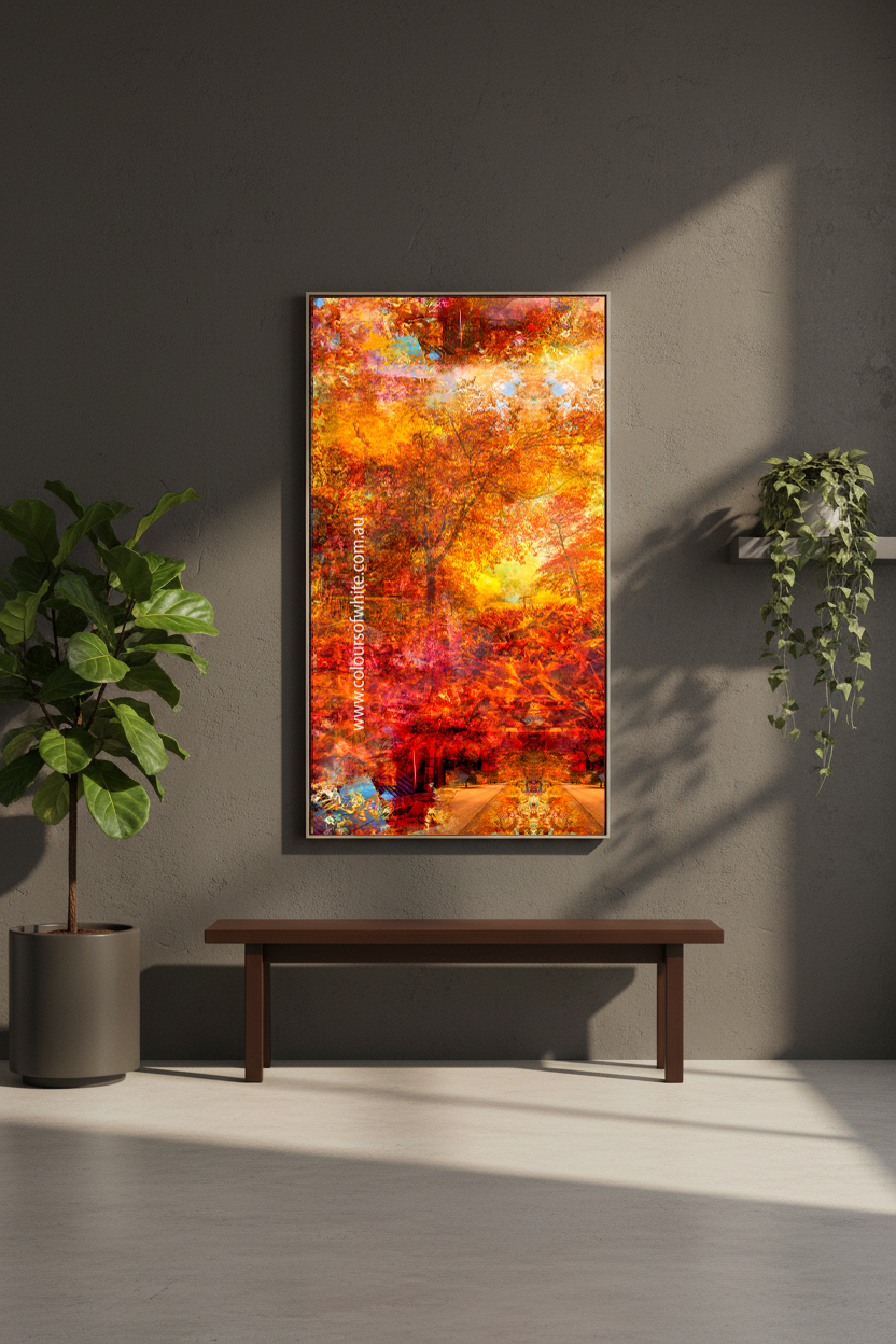 “Autumnal Fall” ChromaLuxe metal print by Durham J White, featuring a layered photographic artwork of Honour Avenue in Macedon in deep autumnal reds, blazing burnt oranges, and intense golden tones. Styled in a lobby.