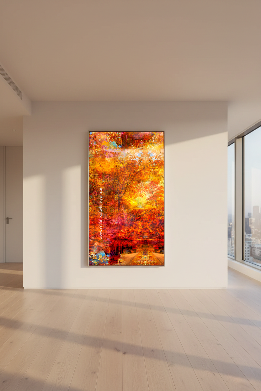 “Autumnal Fall” ChromaLuxe metal print by Durham J White, featuring a layered photographic artwork of Honour Avenue in Macedon in deep autumnal reds, blazing burnt oranges, and intense golden tones.  Styled in a city apartment.