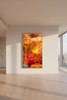 “Autumnal Fall” ChromaLuxe metal print by Durham J White, featuring a layered photographic artwork of Honour Avenue in Macedon in deep autumnal reds, blazing burnt oranges, and intense golden tones.  Styled in a city apartment.