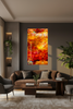 “Autumnal Fall” ChromaLuxe metal print by Durham J White, featuring a layered photographic artwork of Honour Avenue in Macedon in deep autumnal reds, blazing burnt oranges, and intense golden tones. Styled in a minimal interior living space.