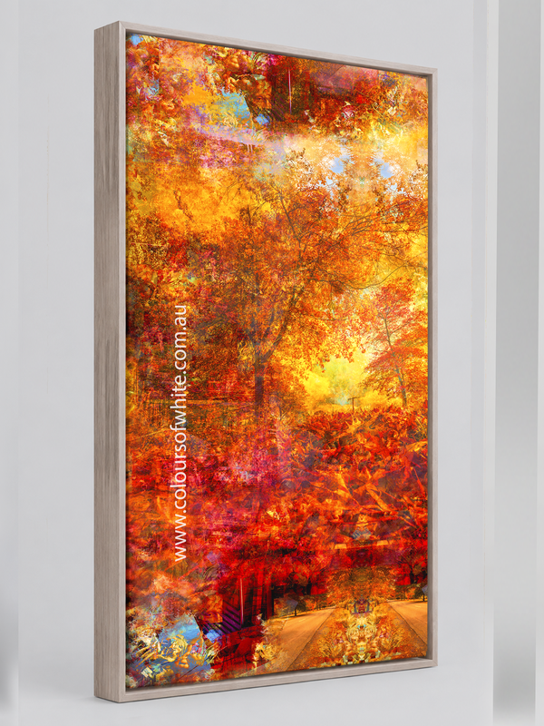 Autumnal Fall – Ash box framed archival canvas print. Contemporary landscape by Durham J White. Rich reds, burnt orange and golden tones inspired by Honour Avenue Macedon at peak autumn in a tall layered photographic composition.