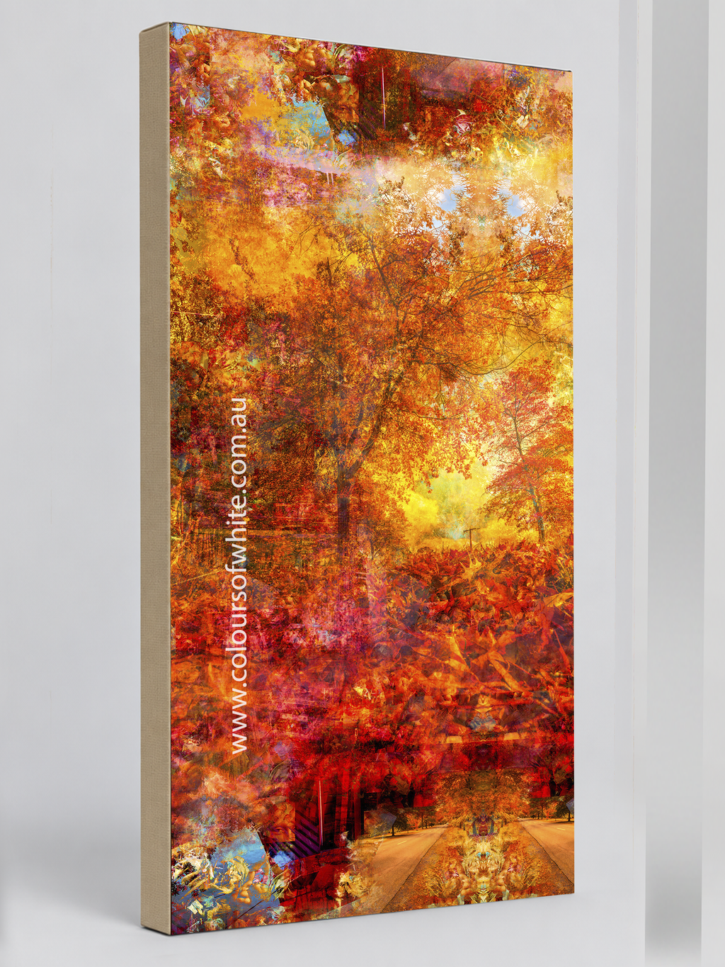Autumnal Fall – archival canvas print. Contemporary landscape by Durham J White. Rich reds, burnt orange and golden tones inspired by Honour Avenue Macedon at peak autumn in a tall layered photographic composition.