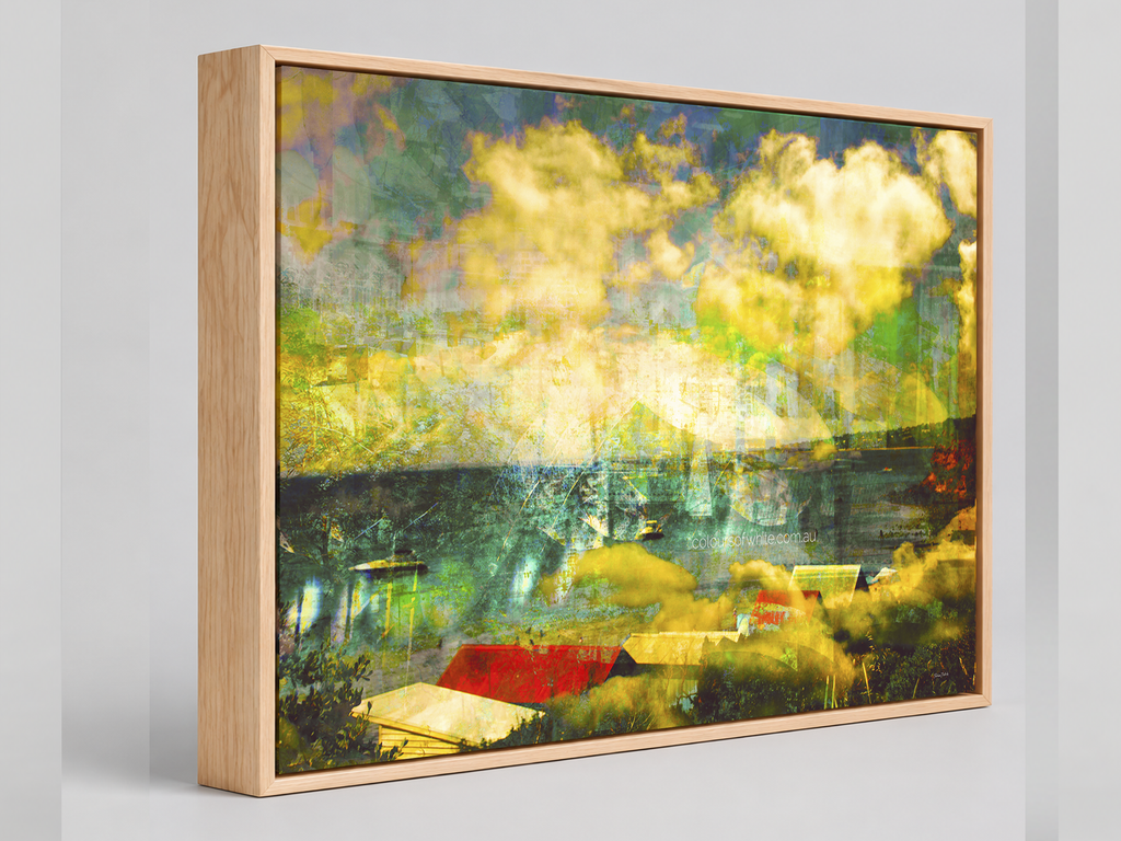 "Bathing in Nostalgia" oak box framed archival canvas print by Durham J White, featuring a layered photographic artwork of Mother's Beach, Mornington, with beach huts, swimmers, shifting turquoise blues, light on the water, and a vibrant splash of red.