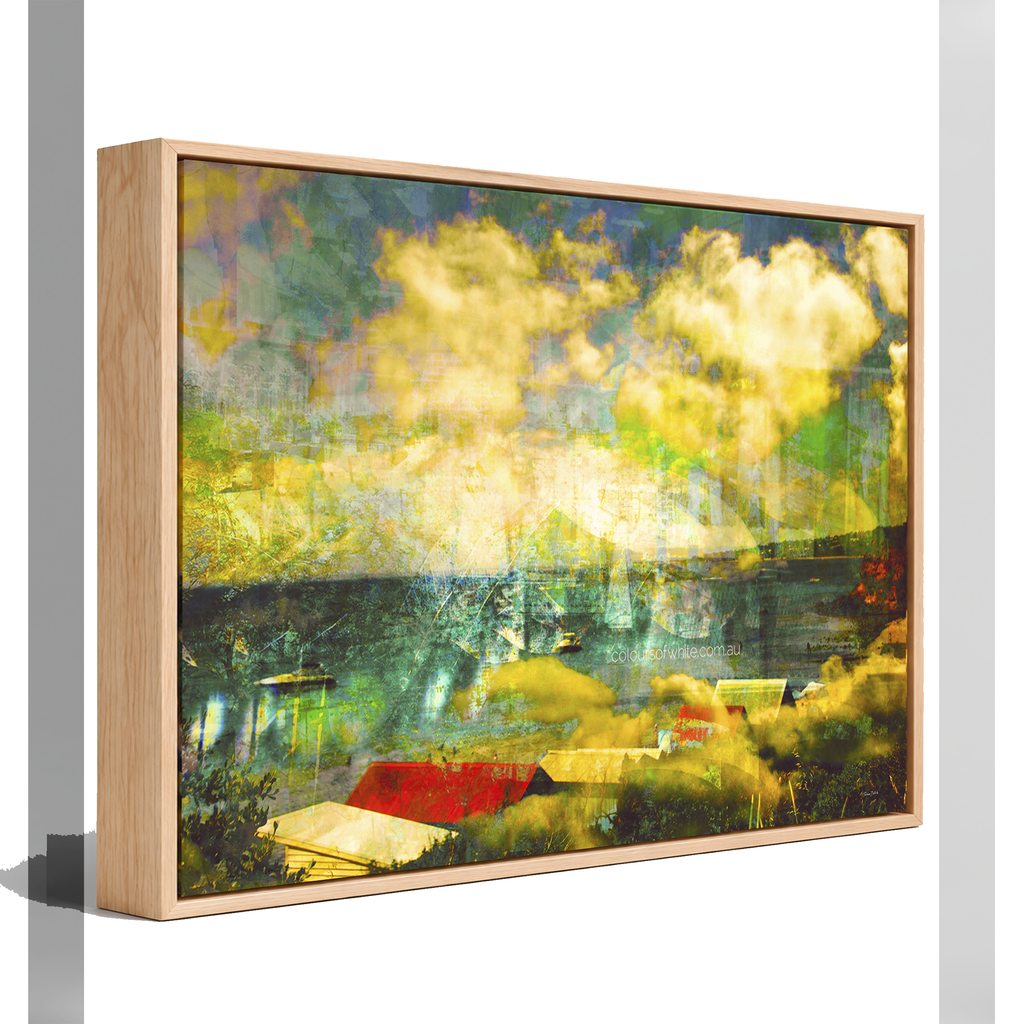 "Bathing in Nostalgia" oak box framed archival canvas print by Durham J White, featuring a layered photographic artwork of Mother's Beach, Mornington, with beach huts, swimmers, shifting turquoise blues, light on the water, and a vibrant splash of red.