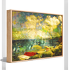 "Bathing in Nostalgia" oak box framed archival canvas print by Durham J White, featuring a layered photographic artwork of Mother's Beach, Mornington, with beach huts, swimmers, shifting turquoise blues, light on the water, and a vibrant splash of red.