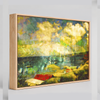 "Bathing in Nostalgia" oak box framed archival canvas print by Durham J White, featuring a layered photographic artwork of Mother's Beach, Mornington, with beach huts, swimmers, shifting turquoise blues, light on the water, and a vibrant splash of red.