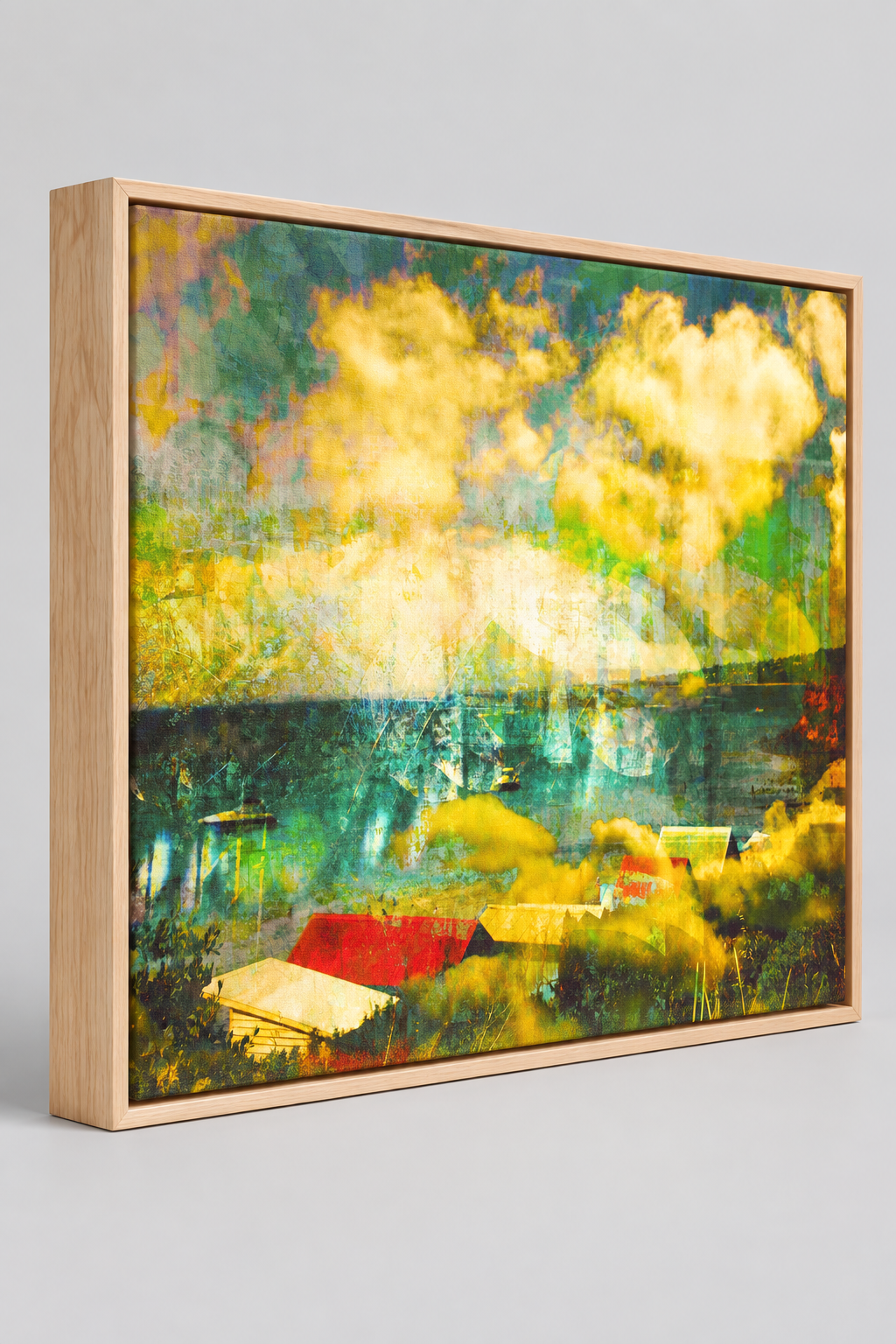 "Bathing in Nostalgia" oak box framed archival canvas print by Durham J White, featuring a layered photographic artwork of Mother's Beach, Mornington, with beach huts, swimmers, shifting turquoise blues, light on the water, and a vibrant splash of red.