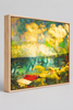 "Bathing in Nostalgia" oak box framed archival canvas print by Durham J White, featuring a layered photographic artwork of Mother's Beach, Mornington, with beach huts, swimmers, shifting turquoise blues, light on the water, and a vibrant splash of red.