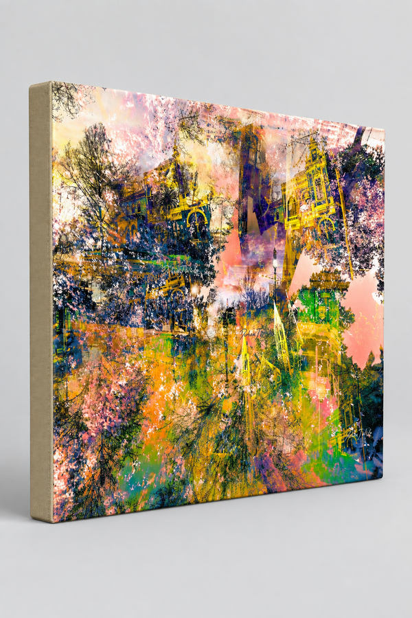 “Bendigo Pastel Dreams” archival canvas print by Durham J White, featuring a layered photographic artwork of Bendigo's Sacred Heart Cathedral and View Street architecture in soft pastel blush, sage green, and warm cream.