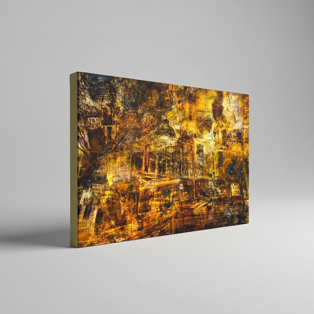 “Bendigo: the Historical Gold Mine of Adventure” artwork present as either archival canvas print by Durham J White, featuring a layered photographic artwork of Bendigo's View Street and Pall Mall in warm golden yellows and deep earthy browns.
