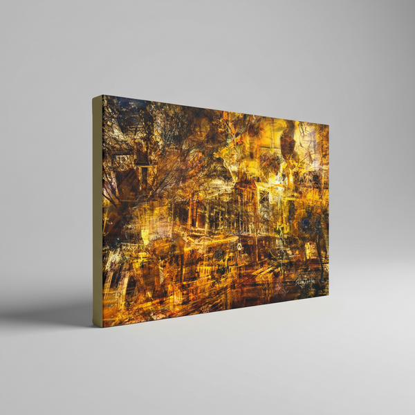 “Bendigo: the Historical Gold Mine of Adventure” artwork present as either archival canvas print by Durham J White, featuring a layered photographic artwork of Bendigo's View Street and Pall Mall in warm golden yellows and deep earthy browns.