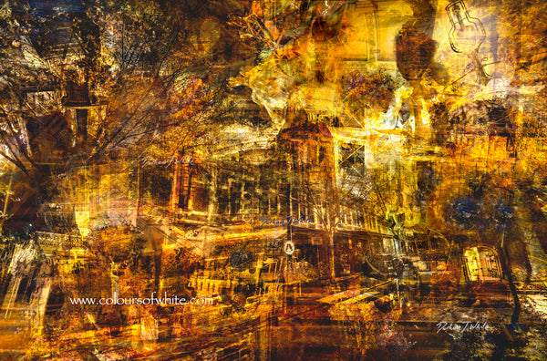 “Bendigo: the Historical Gold Mine of Adventure” archival canvas print by Durham J White, featuring a layered photographic artwork of Bendigo's View Street and Pall Mall in warm golden yellows and deep earthy browns.