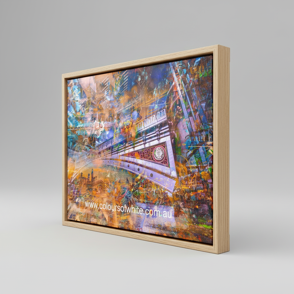 “Bridge to Dreams” ChromaLuxe metal print by Durham J White, featuring a layered photographic artwork of Melbourne’s Princes Bridge and city skyline in deep blues, radiant golds, and ember-like reds.