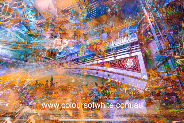 "Bridge to Dreams" archival canvas print by Durham J White, featuring a layered photographic artwork of Melbourne's Princes Bridge and city skyline in vibrant blues, luminous golds, and ember-like reds.