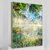 “Rising to the Countryside Glory” Archival canvas print by Durham J White, featuring a layered photographic artwork of wild grasses catching morning light against deep Australian greens, morning yellows, and cool sky blues.