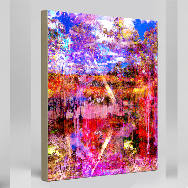 “Deep Meditative Therapy” archival canvas print by Durham J White, featuring an abstract nature layered photographic artwork of the Australian landscape in rich hot pinks, deep blues, reds, and burnt oranges.