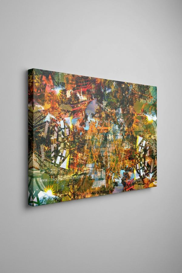 "Encased" archival canvas print by Durham J White, featuring a layered photographic artwork of Bendigo's historic streetscape with citrine greens, warm oranges, hints of red, and black-and-white geometric elements.