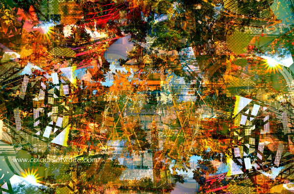 "Encased" archival canvas print by Durham J White, featuring a layered photographic artwork of Bendigo's historic streetscape with citrine greens, warm oranges, hints of red, and black-and-white geometric elements.