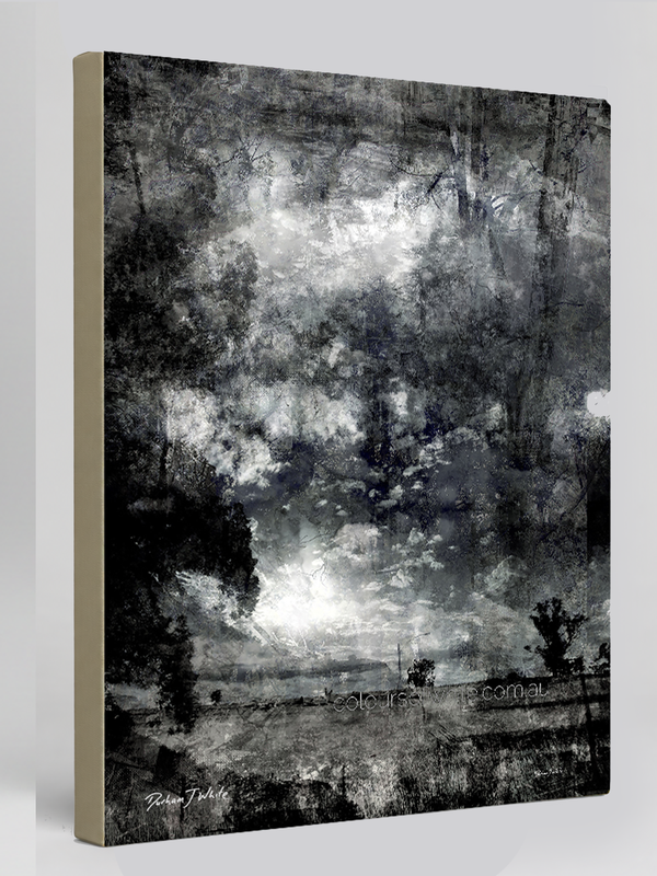 “Etched” archival canvas print by Durham J White, featuring a monochrome layered photographic artwork of the central Victorian countryside and expansive cloudscapes in carbon blacks, charcoal mid-tones, and crisp whites.