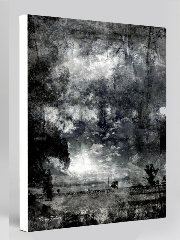 “Etched” archival canvas print by Durham J White, featuring a monochrome layered photographic artwork of the central Victorian countryside and expansive cloudscapes in carbon blacks, charcoal mid-tones, and crisp whites.