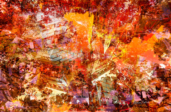 "Falling Deeper Into Autumn's Reds" Chromaluxe metal print by Durham J White, featuring a layered photographic artwork of Bendigo architecture with a vibrant, textured collage of saturated crimson, deep reds, burnt oranges, and earthy greens.